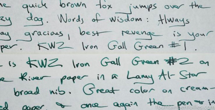 KWZ Iron Gall Green #1 and KWZ Iron Gall Green #2 writing sample comparisons