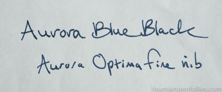 Aurora Blue Black writing sample on poor paper